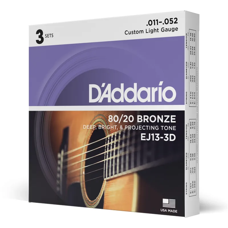 Consegna Rapida D’Addario EJ13-3D – Corde in bronzo 80/20 per chitarra acustica, scalatura custom leggera, 11-52, 3 mute – D’Addario
