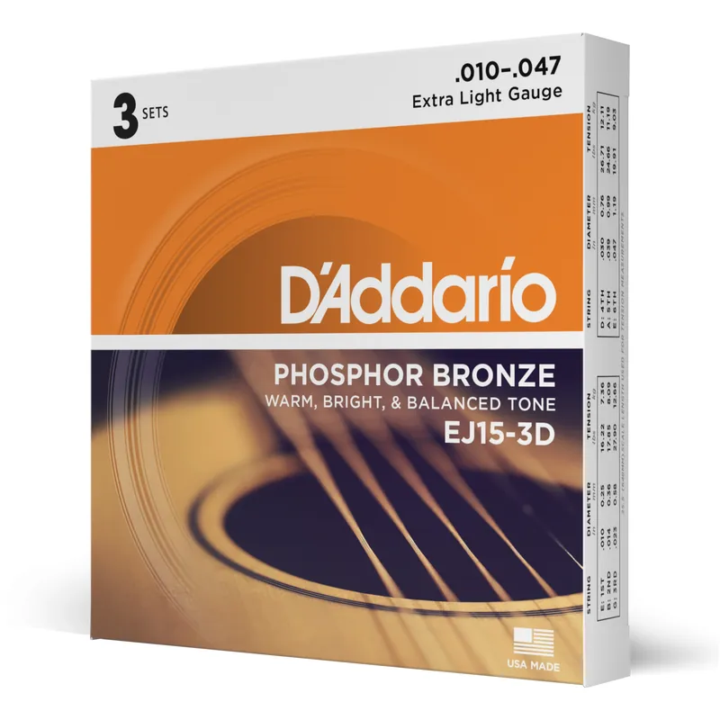 Corde D’Addario EXP15 per chitarra acustica, in bronzo fosforoso, Extra Light, 10-47, 3 sets – D’Addario Occasione Imperdibile